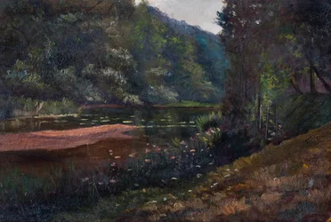 Landschaft mit Wald, Teich und Seerosen