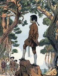 Napoleon Bonaparte (1769-1821) als Kind in Ajaccio, Korsika. Illustration von Raymond de Neziere in „Unsere nationalen Ruhmestaten“, 1920. Privatsammlung. DR