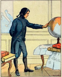 Napoleon Bonaparte (1769-1821) konsultiert einen Globus in der Schule von Brienne im Alter von 19 Jahren, aus 