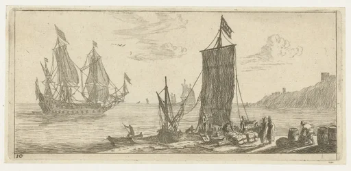 Bucht mit einem Hoeker und einem Kriegsschiff