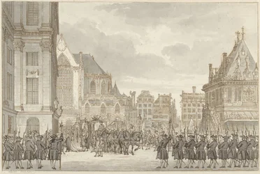 Ankunft von Prinz Wilhelm V. und Frederica Sophia Wilhelmina von Preußen beim Rathaus auf dem Dam in Amsterdam, 30. Mai 1768