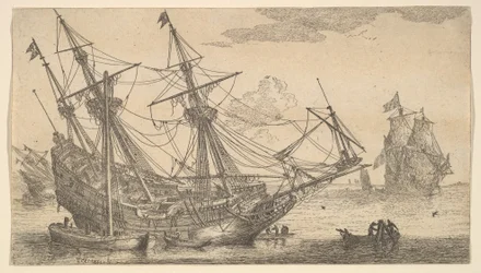 Ein Handelsschiff wird für das Kalfatern des Rumpfes gekippt, 17. Jahrhundert