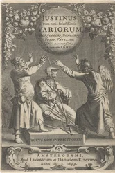 Minerva und zwei gefesselte Figuren Titelblatt für: A. Thysius, Justinus cum notis selectissimis variorum Berneggerj, Bongarsy, Vossy, Thysy, &c, 1659