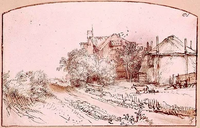 Landschaft mit einem Cottage und einer Heuscheune