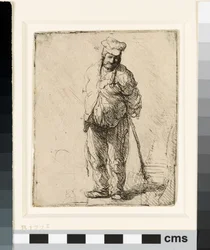 Zerlumpter Bauer mit hinter dem Rücken verschränkten Händen, der einen Stock hält, ca. 1630