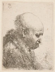 Kahlköpfiger Mann (Rembrandts Vater?) im Profil rechts; kleine Büste