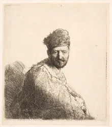 Bärtiger Mann (Rembrandts Vater?) in pelzbesetzter orientalischer Mütze und Robe: Halbfigur