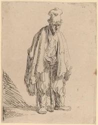 Bettler mit hoher Mütze, stehend und auf einen Stock gelehnt