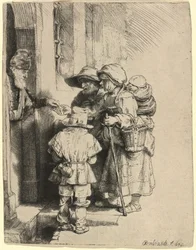 Bettler, die Almosen an der Tür eines Hauses empfangen