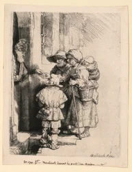 Bettler, die Almosen an der Tür eines Hauses erhalten