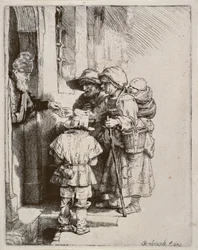 Bettler, die Almosen an der Tür eines Hauses empfangen, 1648