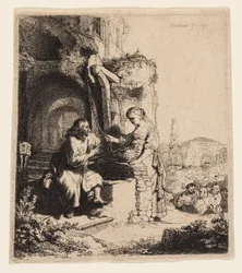 Christus und die Frau von Samaria unter Ruinen