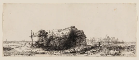 Landschaft mit Hütten und einer Heuscheune: Querformat