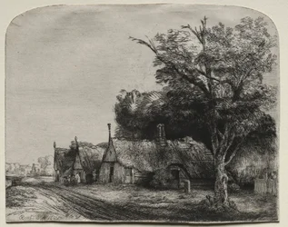 Landschaft mit drei giebelständigen Häusern an einer Straße