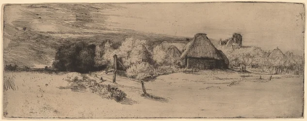 Landschaft mit Bäumen, Bauernhäusern und einem Turm