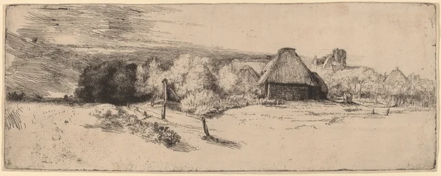 Landschaft mit Bäumen, Bauernhäusern und einem Turm