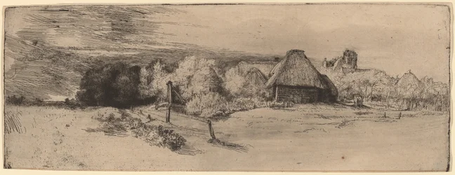 Landschaft mit Bäumen, Bauernhäusern und einem Turm