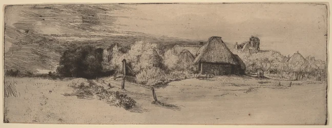 Landschaft mit Bäumen, Bauernhäusern und einem Turm