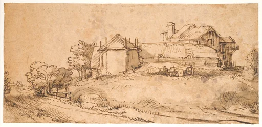 Landschaft mit einem Bauernhaus und einer Heuscheune