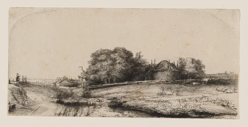Landschaft mit Heuscheune und Schafherde