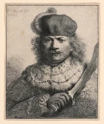 Rembrandt mit erhobenem Säbel
