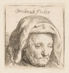 Rembrandts Mutter in einer Stoffhaube, nach unten blickend: nur Kopf
