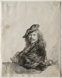 Selbstporträt, das sich auf eine Steinschwelle lehnt, 1639