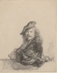 Selbstporträt, das sich auf eine Steinschwelle lehnt, 1639