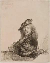 Selbstporträt, das sich auf ein Fensterbrett lehnt, 1639 (Radierung und Kaltnadel)