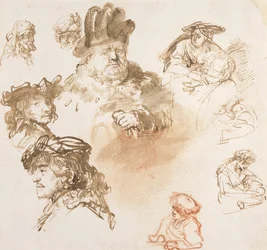 Studien von alten Männerköpfen und drei Frauen mit Kindern, ca. 1635-36