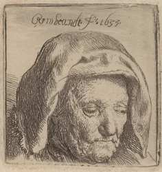 Die Mutter des Künstlers in einer Stoffhaube, nach unten blickend