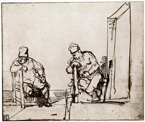 Zwei Männer, die an einer Tür sitzen, 1913