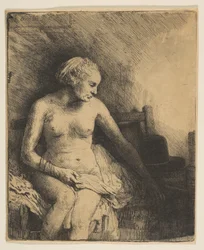 Frau beim Bad mit einem Hut neben ihr, 1658