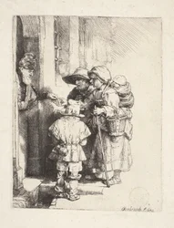 Bettler, die Almosen an der Tür erhalten