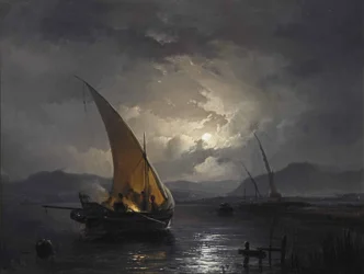 Nachtlandschaft mit Segelboot, wo ein Feuer entzündet wird