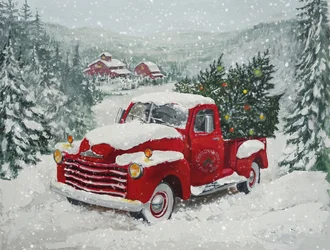 Verschneiter Roter Weihnachtswagen