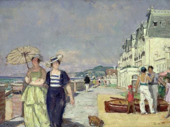 Elegante Frauen an der Küste in Cabourg, ca. 1929