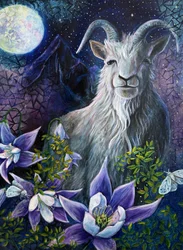 "Steinbock-Saison" Ziege, Vollmond und Akeleiblumen von Renee Machan