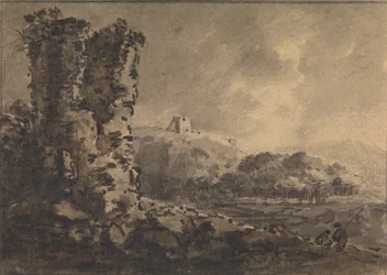 Klassische Landschaft mit Ruine links, zwei Figuren rechts