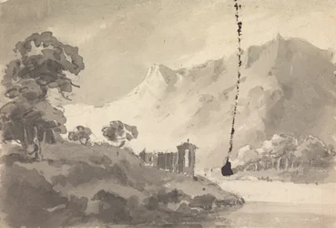 Landschaft mit Schloss, Fluss und Berg