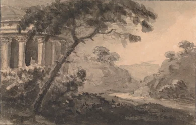 Landschaft mit klassischem Gebäude links