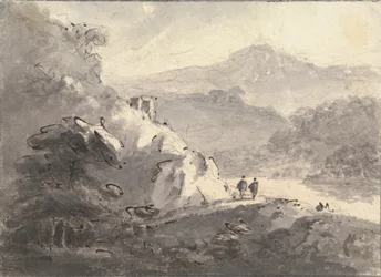 Landschaft mit zwei Figuren auf einer Straße
