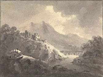 Landschaft mit einem Schloss und einer Brücke