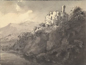 Landschaft mit Schloss auf einem Hügel rechts