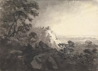 Landschaft mit einer Burg auf einem Hügel in der Mitte
