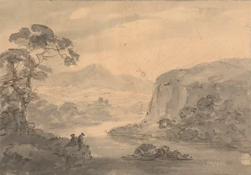 Gebirgslandschaft mit zwei Figuren, die auf einen See blicken