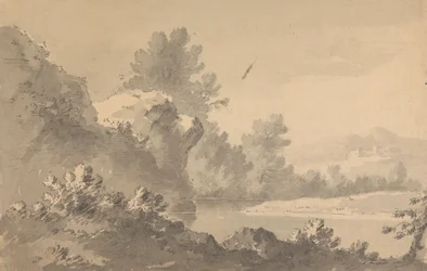Flusslandschaft mit Burg in der Ferne