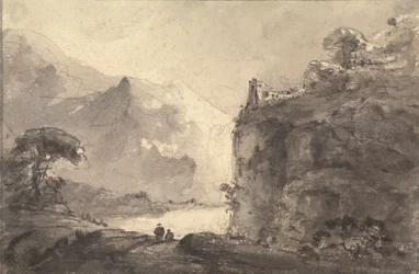 Felsige Landschaft mit zwei Figuren auf einem Pfad in der Mitte