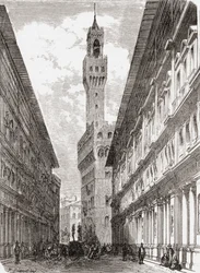 Die Uffizien, der Palazzo Vecchio und Statuen auf der Piazza della Signoria, Florenz, Italien im späten 19. Jahrhundert. Aus 