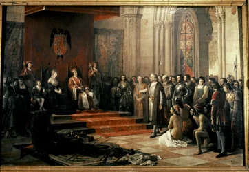 Kolumbus mit den katholischen Königen (Isabella und Fernando) von...